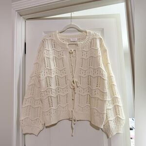 Fate Cream Open-Weave Tie-Front Cardigan